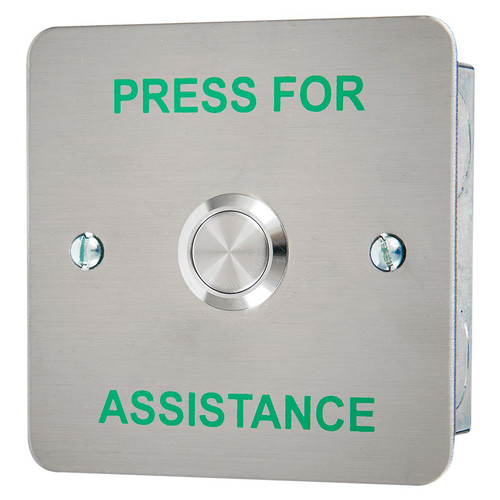 Call button with Green PRESS FOR ASSISTANCE Legend, Brushed Stainless Steel