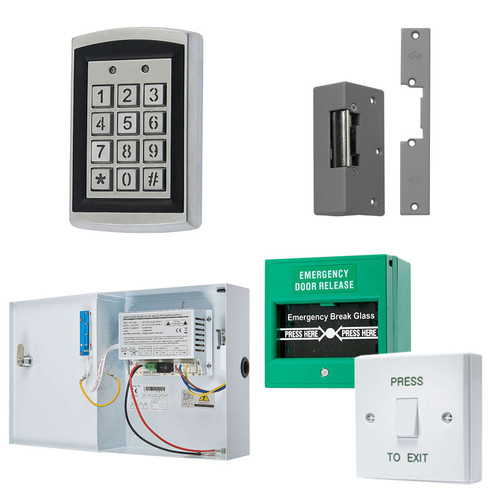 Black on Silver Proximity Keypad, Electric Door Lock, Green Break Glass, White Press to Exit Switch. 12V DC Boxed Power Supply