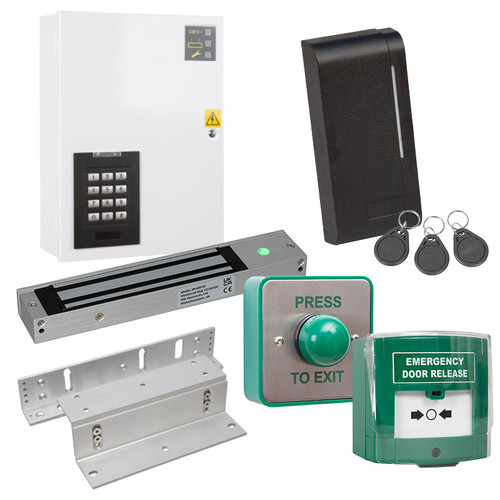 Image showcasing ACKIT-4 kit components including PX2000 Keypad, RD26-C Reader, and additional security accessories for comprehensive access control.