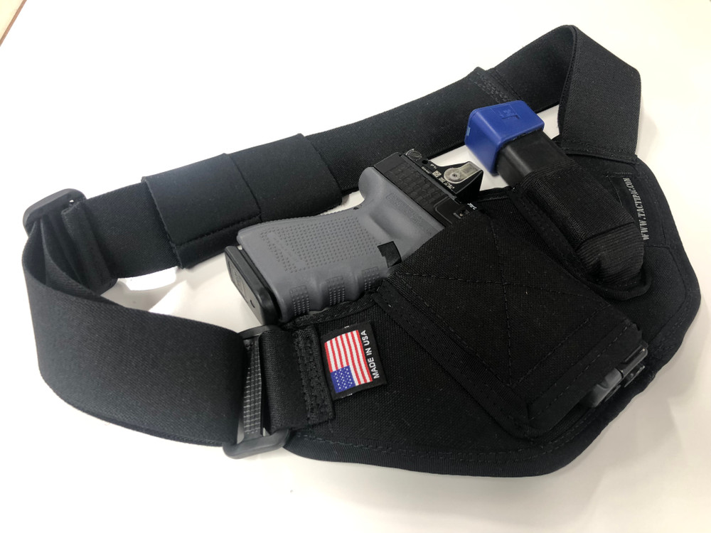 Rotated view of the ACS Holster with Glock 19 and extra magazine holstered in it. 