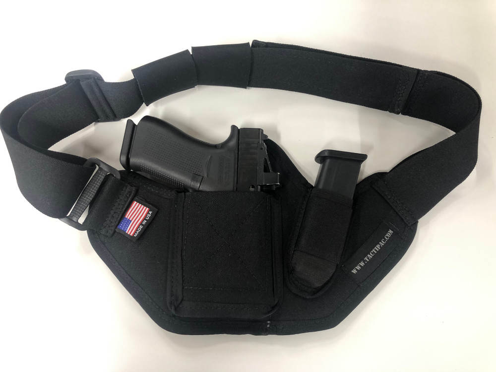 Full view of Glock 43X MOS with an extra magazine holstered in the ACS Holster. 