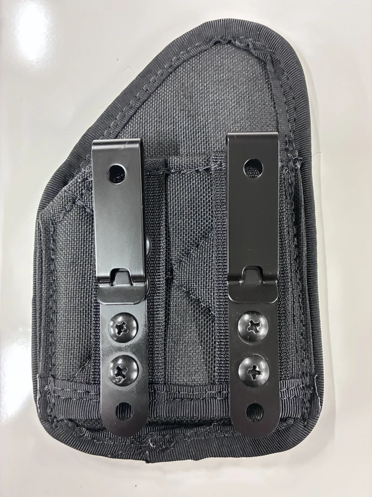 Top view of the Micro AFx IWB Concealed Carry Holster clearly showing construction and 2 low profile spring steel 1.5" metal belt clips and hardware.