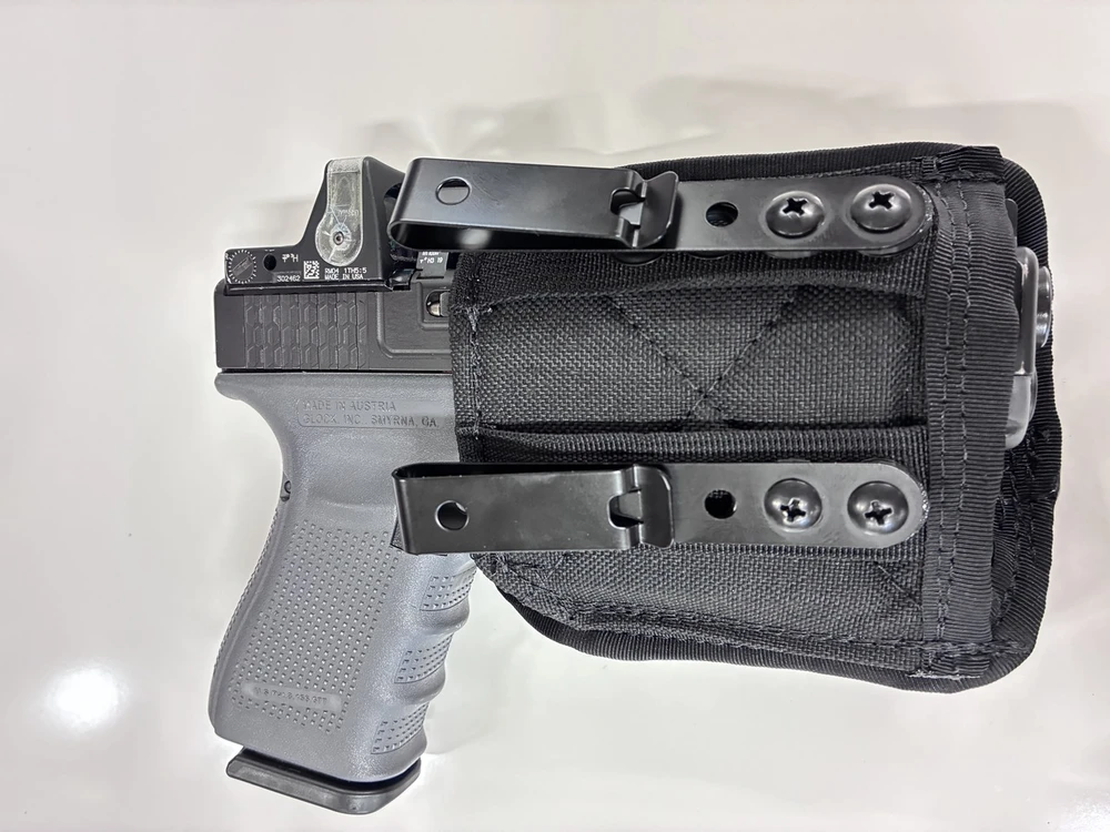 Front view of Glock 19 with optic installed holstered in AFx IWB holster.