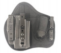This image shows the front of the Max X AIWB holster for the Glock 19, 19x and Glock 17. The appendix carry holster features a full kydex shell, low profile spring steel belt clips, print reducing lever, extra mag caddy and all milspec flexible and durable materials. 