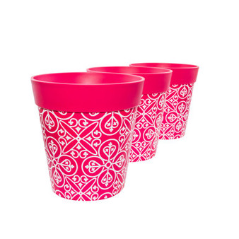 Set of 3 pink plastic 'Maroc Tile' 22cm outdoor/indoor pot