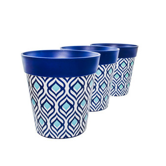 Set of 3 blue plastic peacock indoor/outdoor pots 22cm x 22cm