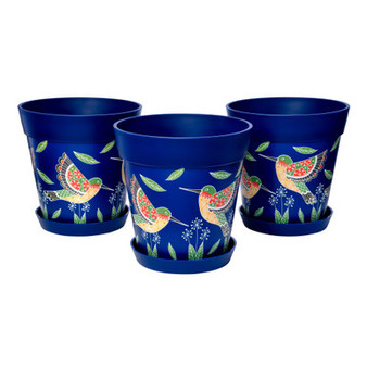 Combination set of 3 plastic blue hummingbird 22cm pots with saucers