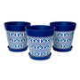 Combination set of 3 plastic blue geometric patterned 22cm pots with saucers
