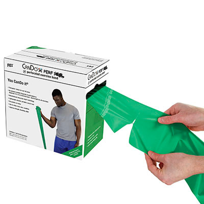 CanDo Low Powder Exercise Band, 100-Yard Roll, Perforated, Medium - Green.