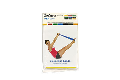 CanDo Low Powder Exercise Band Pep Pack - Easy with yellow, red, and green bands.