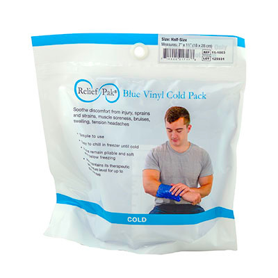 Relief Pak Blue Vinyl Reusable Cold Pack, Half Size, 7x11 inches.
