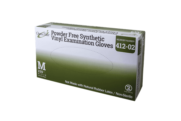 Omni Vinyl Exam Gloves with Synthetic Stretch, Medium, Non-Sterile, Powder Free - 100/BX.
