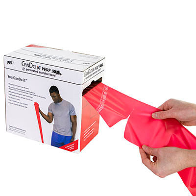 CanDo Low Powder Exercise Band, 100-Yard Roll, Perforated, Light - Red.