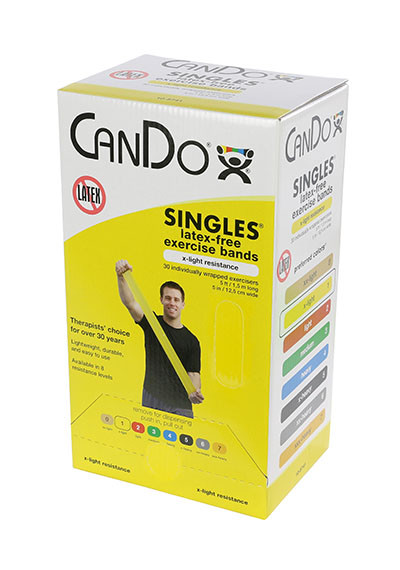 CanDo Latex Free Pre-cut 5 foot Exercise Bands, X-Light, Yellow - 30/BX.