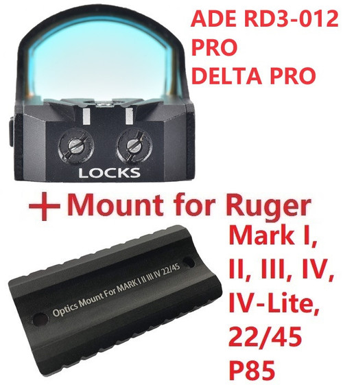 ADE  RD3-012-PRO Series Motion Activated/Shake to Wake DELTA PRO Red Dot Sight with Multi Reticle System + Optic Mounting plate/adapter for Ruger Mark 1,2,3,4, I,II,III,IV,IV-Lite,22/45 pistol 