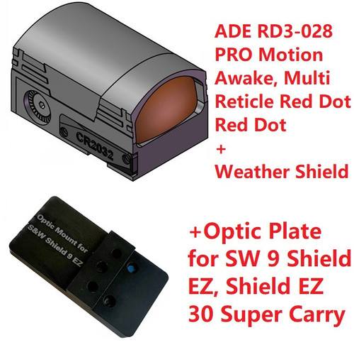 Ade Advanced Optics ARES Pro RD3-028PRO Motion Awake, Multi Reticle Red Dot + Optic Mounting Plate for SW MP 9 Shield EZ and Shield EZ 30 Super Carry Pistol + Standard Picatinny Mount