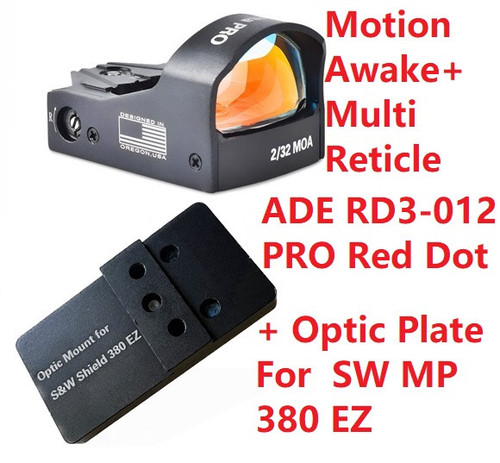 Ade Advanced Optics Delta Pro RD3-012 PRO Motion Awake, Multi Reticle Red Dot + Optic Mounting Plate for Smith Wesson SW MP 380 Shield EZ Pistol + Standard Picatinny Mount 