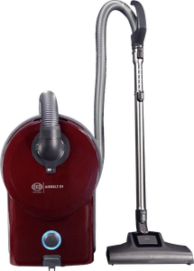 Sebo Airbelt D1 Turbo Canister Vacuum Cleaner Black Cherry 90604AM Shown with air driven turbo nozzle for low pile carpets and area rugs