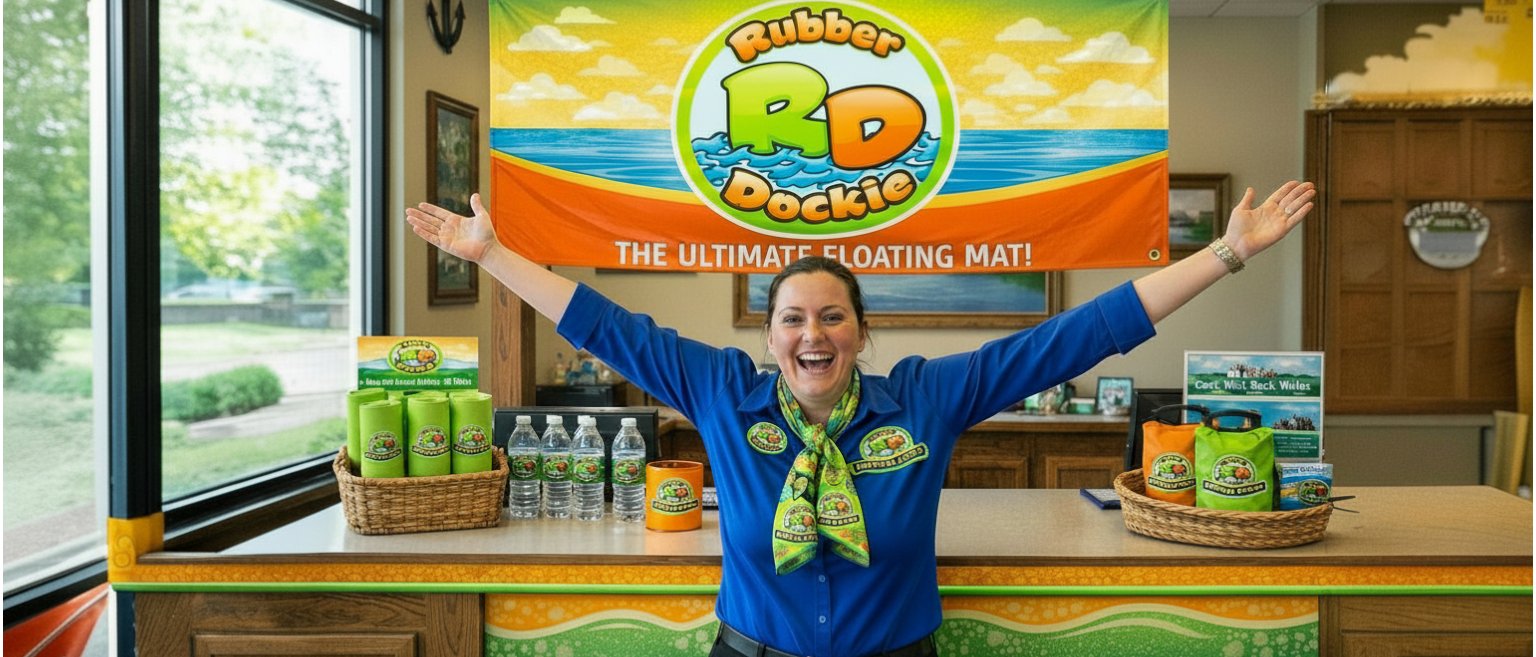 Smiling marina staff welcoming customers at a lakefront retail counter, representing Rubber Dockie dealer partnership opportunities.