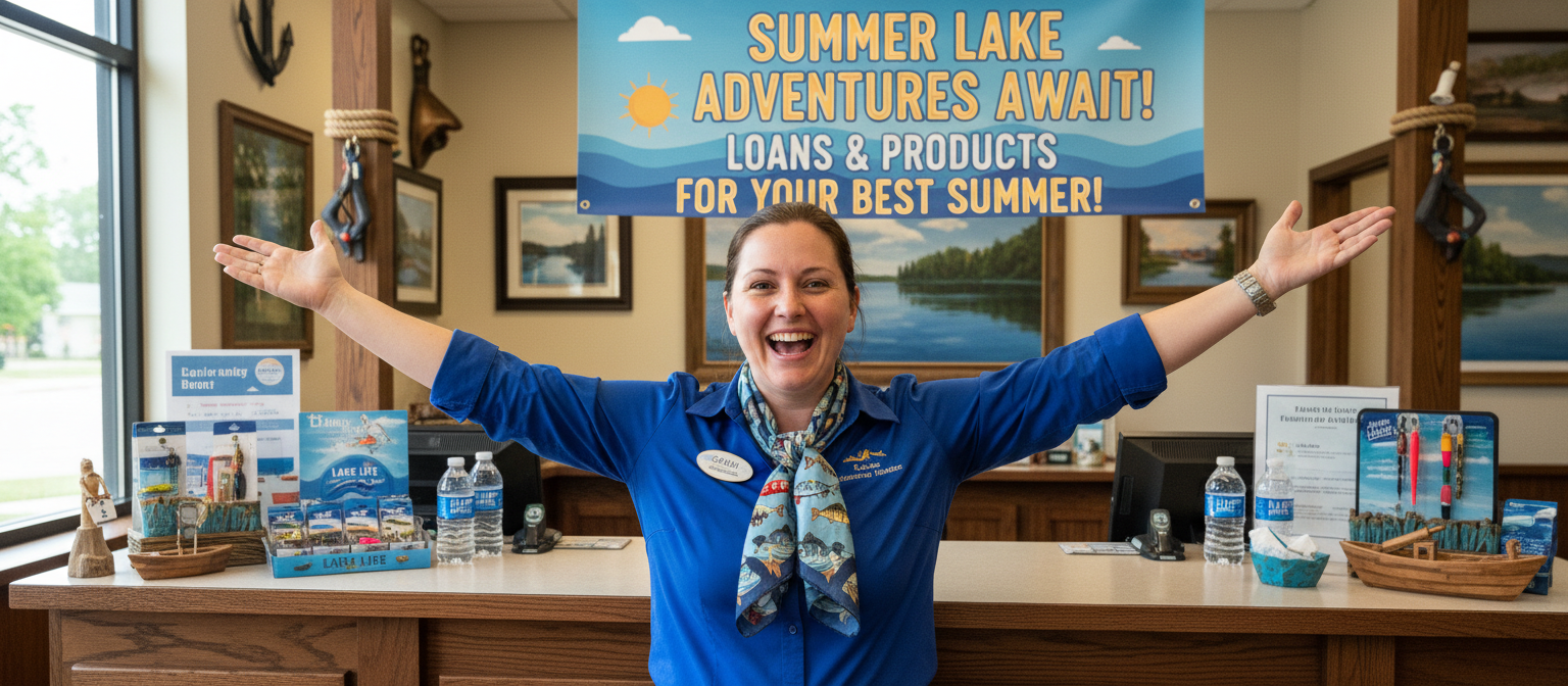 Smiling marina staff welcoming customers at a lakefront retail counter, representing Rubber Dockie dealer partnership opportunities.