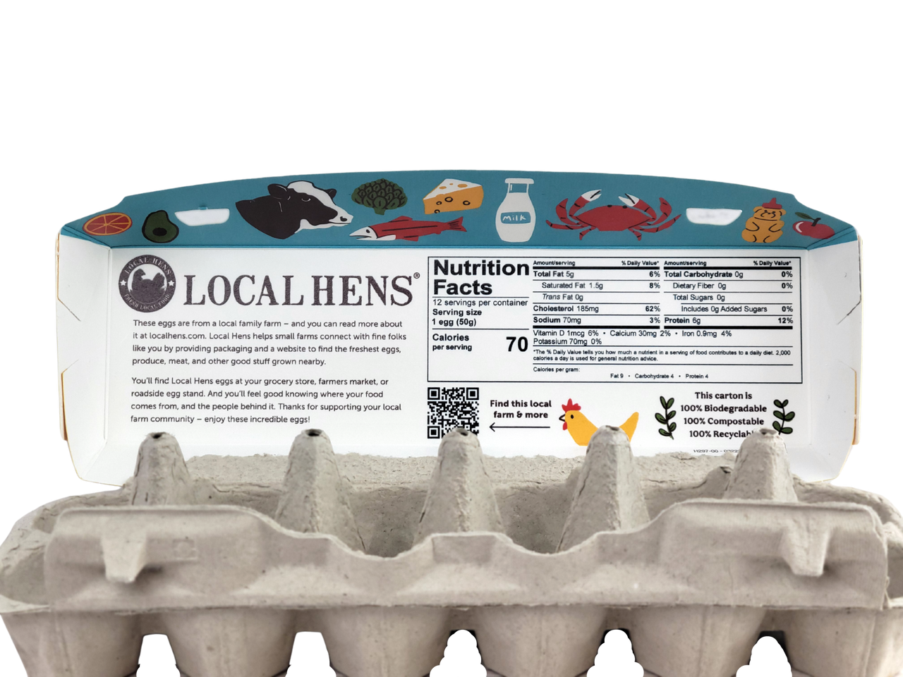 Local Hens Printed No Grade/Size Paper-Pulp Egg Carton with UPC