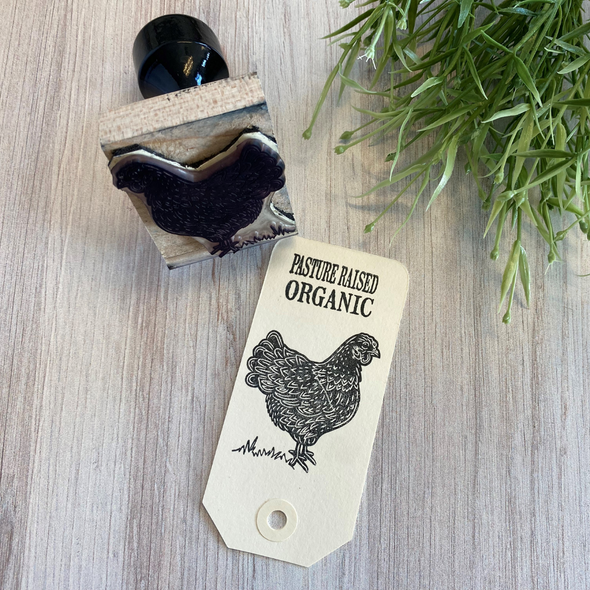 egg carton hang tag stamp of a chicken