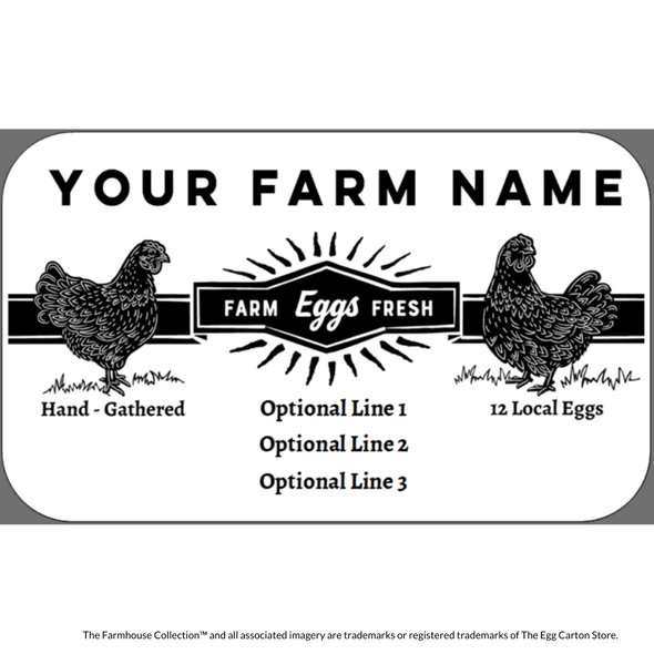 customizable egg carton label with vintage hens and starburst design - the farmhouse collection