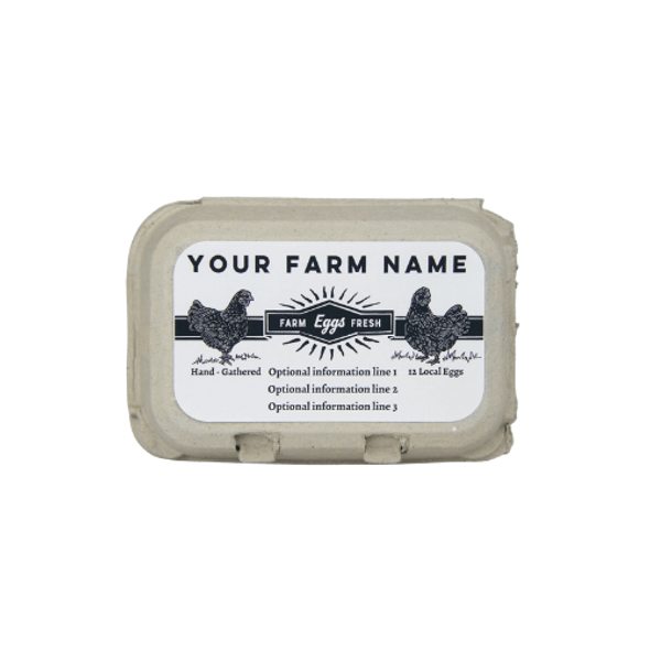 customizable egg carton label with vintage hens and starburst design - the farmhouse collection