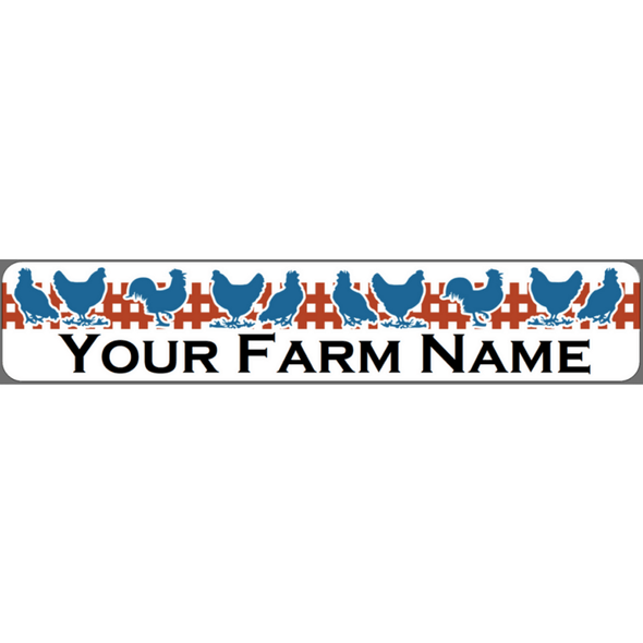 Small Custom Egg Carton Label - Red Fence and Blue Chickens