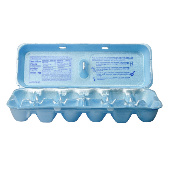 Open front view of printed Blue 12-Egg Styrofoam Carton with grey background