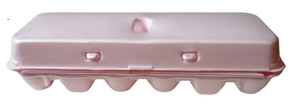 Side view of the front of Jumbo Pink Blank 12-Egg Styrofoam Carton