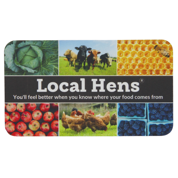 Local Hens Business Card with color on the front and blank on the back to stamp or write your contact information.