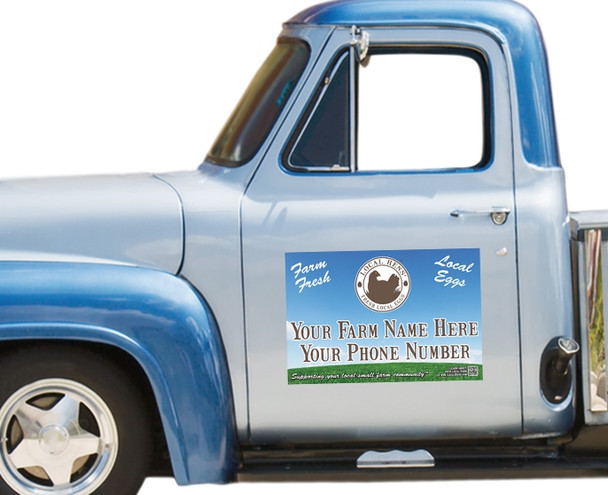 Local Hens Magnetic Vehicle Sign: Sky/Grass on blue pickup truck