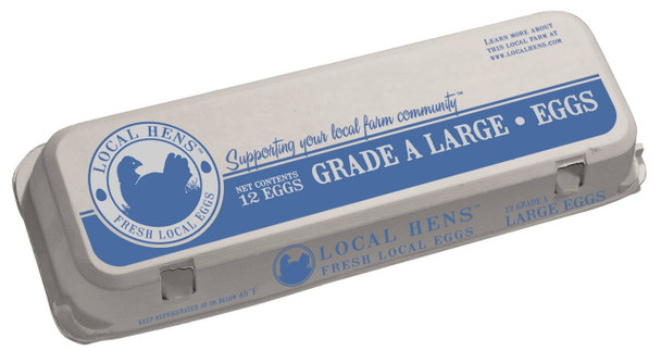 Top view of blue Local Hens® Grade A Large Printed Paper-Pulp Carton with UPC