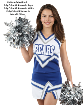 Selection B - Custom Vest CF1768 paired with Low-Rise A-Line Skirt CF2630.  Poly color #1 Shown in Royal, Poly color Shown in White, Poly color #3 Shown in Metallic Silver.
