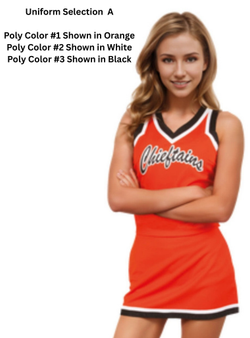Selection A - Custom Vest CF1802 paired with A-Line Skirt CF2001. Poly color #1 Shown in Orange, Poly color #2 Shown in White, Poly color #3 shown in Black