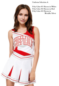 Selection A - Custom Vest CF1212 paired with 8-Pleat Skirt CF2144.  Poly color #1 Shown in White, Poly color #2 Shown in Red, Poly color #3 Shown in Metallic Silver.