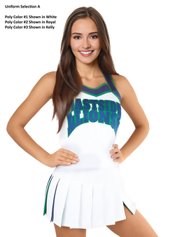 Selection A - Custom Vest CF1557 paired with 16-Pleat Fly-Away Skirt CF2067. Poly color #1 Shown in White, Poly color #2 Shown in Royal, Poly color #3 Shown in Kelly