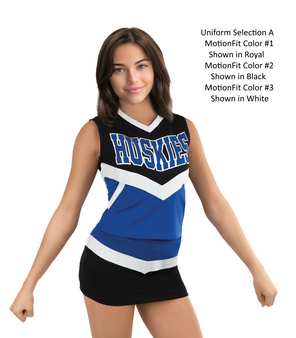 Selection A - Custom MotionFit Vest CF7056 paired with MotionFit Skirt CF8134.  Motionfit color #1 Royal, Motionfit color #2 Shown in Black, Motionfit color #3 Shown in White.