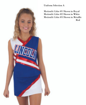 Selection A - Custom MotionFit Vest CF7023 paired with MotionFit Skirt CF8023.  Motionfit color #1 Shown in Royal, Motionfit color #2 Shown in White, Motionfit color #3 Shown in Red.