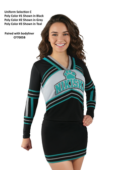Selection C- Custom Vest CF1005 paired with A-Line skirt CF2001 and Bodyliner CF7005B.  Poly Color #1 Black, Poly Color #2 Shown in Grey, Poly color #3 Shown in Teal.