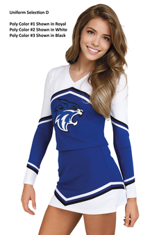 Selection D - Custom Vest CF1004 paired with Low-Rise A Line Skirt CF2674. Poly color #1 Shown in Royal, Poly Color #2 Shown in White, Poly color #3 Shown in Black