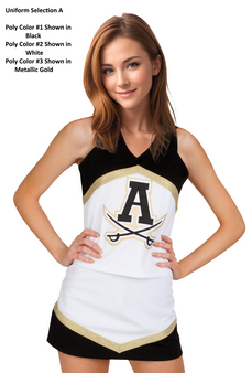 Selection A - Custom Vest CF1004 paired with Low-Rise A-Line Skirt CF2674.  Poly color #1 Shown in Black, Poly color #2 Shown in White, Poly color #3 Shown in Metallic Gold