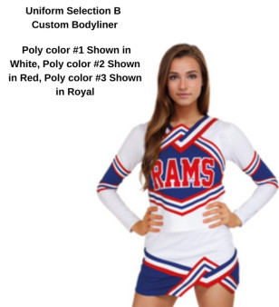 Selection B - Custom Vest CF1006 paired with Custom Bodyliner (Sold seperately- Please see product CF7006B) and Low-Rise A-Line Skirt CF2630.  Poly color #1 Shown in White, Poly color #2 Shown in Red, Poly color #3 Shown in Royal