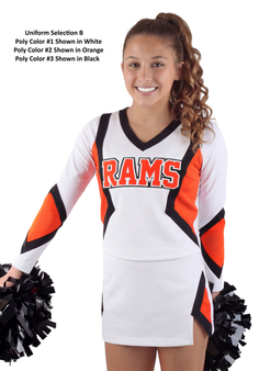 Selection B - Custom Vest CF1014 paired with A-Line skirt CF2675.Poly Color #1 Shown in White, Poly Color #2 Shown in Orange, Poly Color #3 Shown in Black.