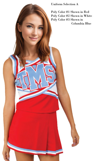 Selection A - Custom Vest CF1918 paired with A-line Skirt w/3-Pleats CF2155. Poly color #1 Shown in White, Poly color #2 Shown in Red, Poly color #3 Shown in Columbia Blue