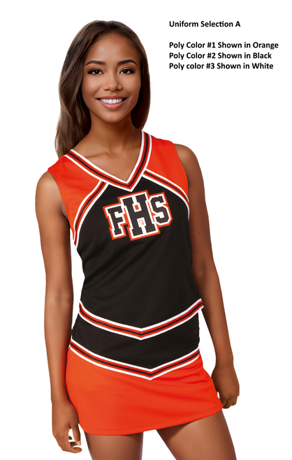 Selection A - Custom Vest CF1994 paired with V-Waist A-Line Skirt CF2423.  Poly color #1 Shown in Orange, Poly color #2 Shown in Black, Poly color #3 Shown in White