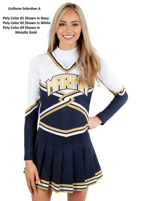 Custom Vest CF1941 paired with CF1941B Bodyliner and 16-Pleat Skirt CF2023.  Poly color #1 Shown in White, Poly color #2 Shown in Navy, Poly color #3 Shown in Metallic Gold