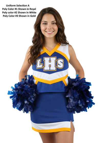 Selection A - Custom V-neck uniform vest CF1735 paired with A-line skirt CF2557.  Poly Color #1 Shown in Royal, Poly Color #2 Shown in White, Poly Color #3 Shown in Gold.