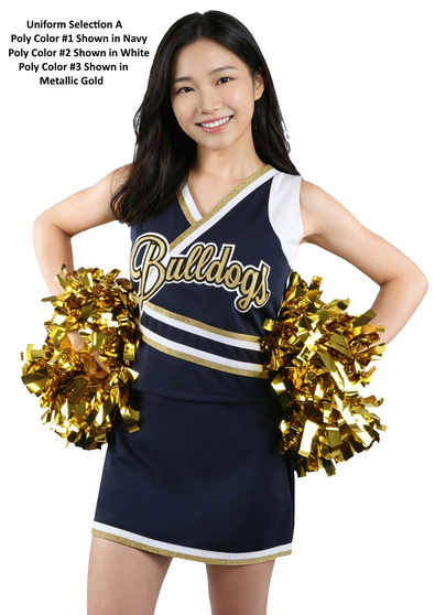 Selection A - Custom Vest CF1568 paired with A-Line Skirt CF2001. Poly color #1 Shown in Navy, Poly #2 Shown in White, Poly color #3 Shown in Metallic Gold.